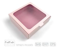 an open pink box with the lid closed on a white background and text below it