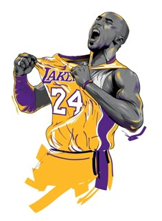 a drawing of a basketball player with his fist up in the air and wearing a lakers jersey