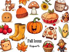 a collection of cartoon fall icons