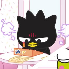 a black cat sitting at a table with a piece of cake in front of it