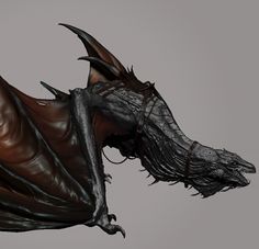 a black and brown dragon head with large horns on it's back end, flying through the air