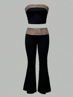 Leopard Print Spliced Bandeau Top & Flare Leg Pants Black Casual  Sleeveless Knitted Fabric Colorblock,Leopard Print  High Stretch  Women Clothing, size features are:Bust: ,Length: ,Sleeve Length: Cute Pants, Bandeaus, Flare Leg Pants, Bandeau Top, Two Piece Outfit, Black Casual, Yoga Leggings, Cheetah Print, Christmas List