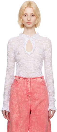 Stretch nylon lace T-shirt. Floral pattern throughout. · Ruffles at crewneck and cuffs · Keyhole at front · Ruching at side-seams · Zip closure at back Supplier color: White Stretch Lace Top, Lace Tshirt, Better Things, Nice Outfits, Lace Sweater, Young Fashion, Clothing Sets, Lace Ruffle, Fashion Wear