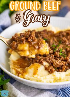 ground beef and gravy on mashed potatoes in a white bowl