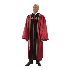 Represent the office of pastor in regal style with the Burgundy Jacquard Pulpit Robe with Embroidered Gold Crosses. Made of deep burgundy jacquard with two black velvet front panels and gold embroidered crosses. Includes cuffed sleeves, full font zipper, and two small pleats on each side for ease of movement. Made of polyester. Sizing Chart:Small Long: 5'6-5'7 Height; 53 Back Length; 33 Sleeve LengthMedium Short: 5'8-5'9 Height; 55 Back Length; 33 Sleeve LengthMedium Long: 5'10-5'11 Height; 57 B Mens Robes, Regal Style, First Communion Dresses, Baseball Outfit, Communion Dresses, Fabric Cuff, Deep Burgundy, Velvet Lace, Gold Cross