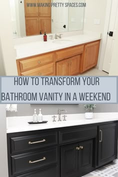 a bathroom vanity with two sinks and mirrors