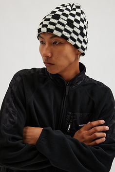 Checkerboard pattern beanie. Acrylic knit beanie with an allover check look & finished with a foldover cuff. Features Checkerboard beanie Patterned knit beanie Foldover cuff Content + Care Acrylic Spot clean Imported | Checkered Beanie in Black/White, Men's at Urban Outfitters Checkered Beanie Outfit, Checkered Crochet Beanie Pattern Free, Checkered Beanie Crochet Pattern, Urban Outfitters Casual Cotton Hat, Cheap Beanie For Streetwear, One Size Fits Most, Checkered Beanie, Boys Beanie, Knit Beanie Pattern, Crochet Beanies