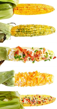 corn on the cob with cheese and other toppings arranged in rows against a white background