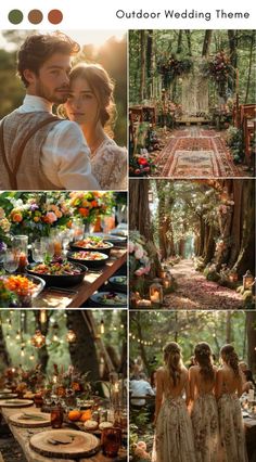 an outdoor wedding theme is shown in this collage with many different pictures and colors