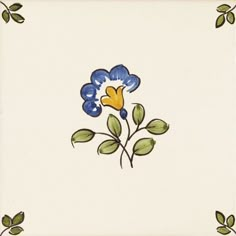 a blue and yellow flower with green leaves on a white tile wall or flooring