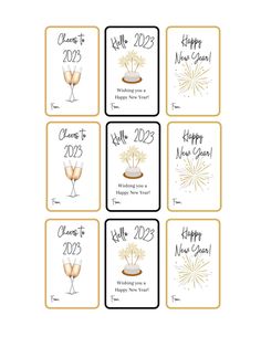 four new year's eve cards with champagne glasses and fireworks on them, all in gold