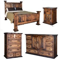 four different types of wooden furniture including a bed, dresser and night stand with drawers