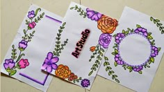 three handmade greeting cards with flowers and the word arizona written on one side, surrounded by purple and orange flowers