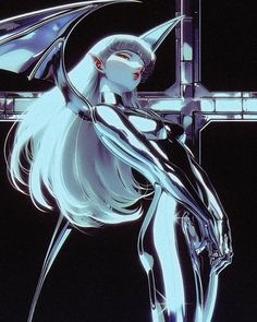 a futuristic woman with white hair and red eyes is standing in front of a cross