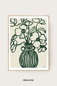 a black and white vase filled with flowers on top of a wooden framed wall hanging