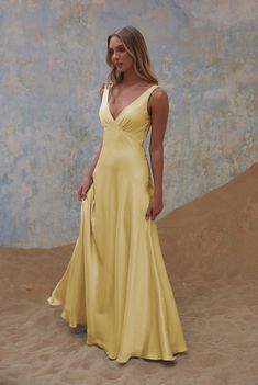 By Tania Olsen Designs Empire Waistline Prom Dress, Yellow Elegant Dress, Day Dresses Formal, Yellow Bridesmaids Dresses, Lemon Bridesmaid Dresses, Empire Cut Dress, Yellow Satin Dress, Empire Line Dress, Dress Construction