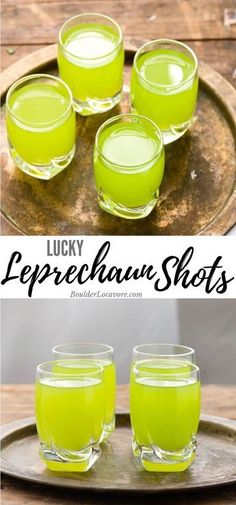 four glasses filled with green liquid and the words lucky leprechaun shots on top