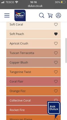 the color chart for dulux's soft peach, apricot crush, tuscan terracotta, copper blush and tangerine twist