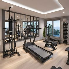 a gym with treadmills, exercise machines and windows overlooking the water is shown in this rendering