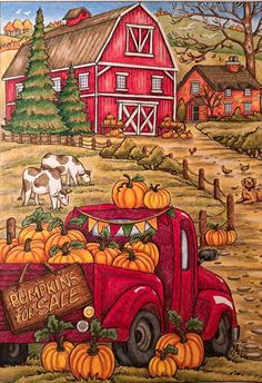 a painting of a red truck with pumpkins on it