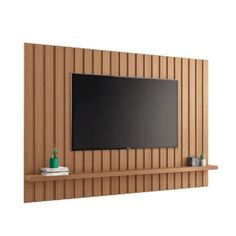 a flat screen tv mounted to the side of a wooden wall next to a shelf