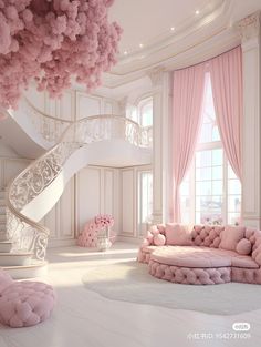 a living room filled with furniture and pink flowers on the walls, along with a spiral staircase