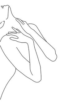 a line drawing of a woman's back with her hands on her chest, looking up