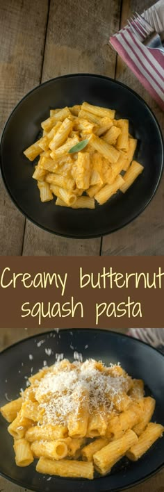 creamy butternut squash pasta with parmesan cheese in a black bowl on a wooden table