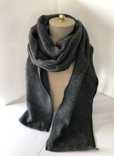 Handmade up cycled cashmere scarf. Approximately 80" long by 6" wide. Care instructions: Hand wash, lay flat to dry. Cashmere Scarf, Lay Flat, Hand Washing, Dark Gray, Dark Grey, Care Instructions, Cashmere, Hand Wash, Grey