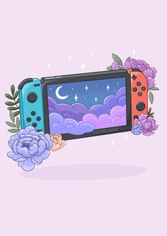 an image of a video game console with flowers on the front and purple sky in the back