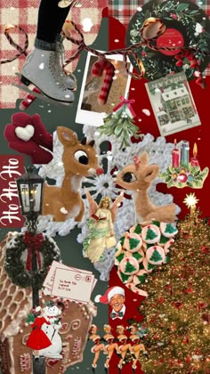 a collage of christmas items including stockings, hats, and deers is featured in this image