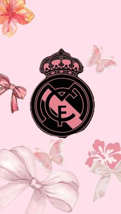 a pink background with flowers, butterflies and a soccer ball on top of the image