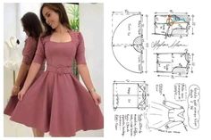 a woman in a pink dress is standing next to a sewing pattern