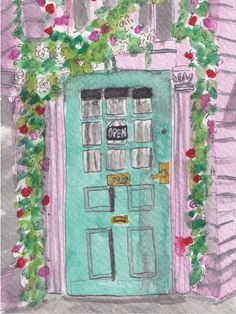 a drawing of a green door with flowers on it