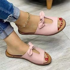 Category:Sandals; Upper Materials:Faux Leather; Embellishment:Bowknot; Season:Summer; Heel Type:Flat Heel; Gender:Women's; Toe Shape:Open Toe; Style:Sweet,Casual; Heel Height(inch):1-2; Outsole Materials:Rubber; Occasion:Beach,Daily; Closure Type:Loafer; Pattern:Solid Colored; Production mode:Self-produce; Foot Length:; Foot Width:; Size chart date source:Provided by Supplier. Ladies Slides, Walking Women, Women Slippers Fashion, Women Casual Flats, Soft Sandals, Orthopedic Sandals, Afrikaanse Mode, Basic Heels, Bow Sandals