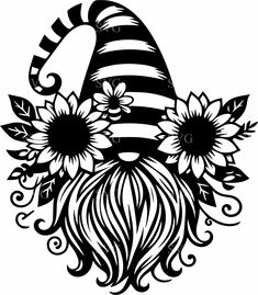 a black and white drawing of a gnome with flowers