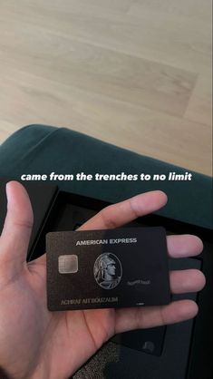 a person holding up a credit card in their left hand with the caption can't from the traches to no limit