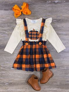 Orange & Black Plaid Pumpkin Girls Suspender Skirt Set - Sydney So Sweet Fall Suspender Skirt, Cute Thanksgiving Plaid Skirts, Fall Dress Plaid Orange, Baby Girl Outfits Fall, Children's Fashion, Girls In Suspenders, Ohio Girls, Girls Holiday Dresses, Girls Boutique Clothing