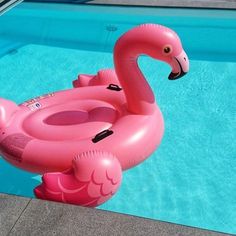 an inflatable pink flamingo float sitting on the edge of a swimming pool