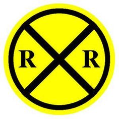 a yellow and black railroad crossing sign with the letter r in it's center