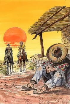 a drawing of two men riding horses next to a man sitting on a bench in the desert