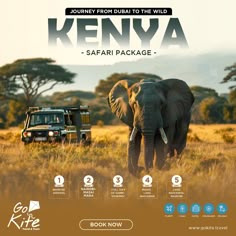 the safari package features an elephant and jeep in the background, with information about its location