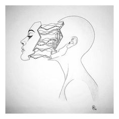 a black and white drawing of a woman's head with an abstract pattern on it