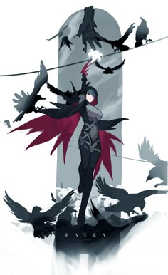 a woman in black and red is surrounded by birds