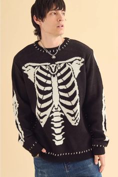 Skeleton Rib Stitched Sweater Rib Cage Sweater, Stitched Sweater, Skeleton Sweater, Skeleton Sweatshirt, Black Skeleton, Skeleton Design, Acrylic Sweater, Skeleton Halloween, Halloween Sweater