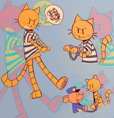 an image of three cartoon cats on a blue and pink background with one cat holding a chain