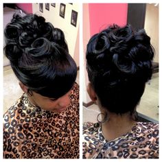 #prom #hair #fancy #style #professional #glam #glamfactory #glamfactoryhairsalon Follow us on Instagram @glamfactoryhairsalon Also check us out on www.styleseat.com... and Our Facebook page - The Glam Factory Hair Salon Pincurl Ponytail, Pin Curl Updo Black Hair, Pinned Up Hairstyles, Updo Buns, Diy Hair Bun, Side Up Hairstyles, Prom Hair Up, Hair Fancy, Bun With Curls