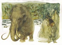 an animal with long tusks standing in the snow next to another animal wearing a costume