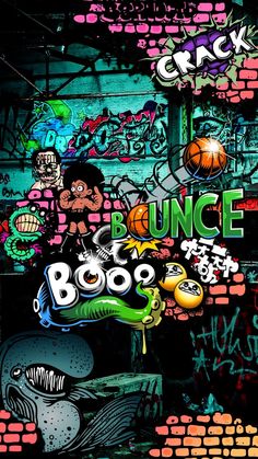 an image of graffiti on the side of a wall with words that read bounce booo