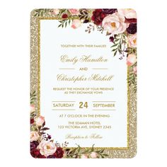 a wedding card with flowers and gold glitters on the front, in white background